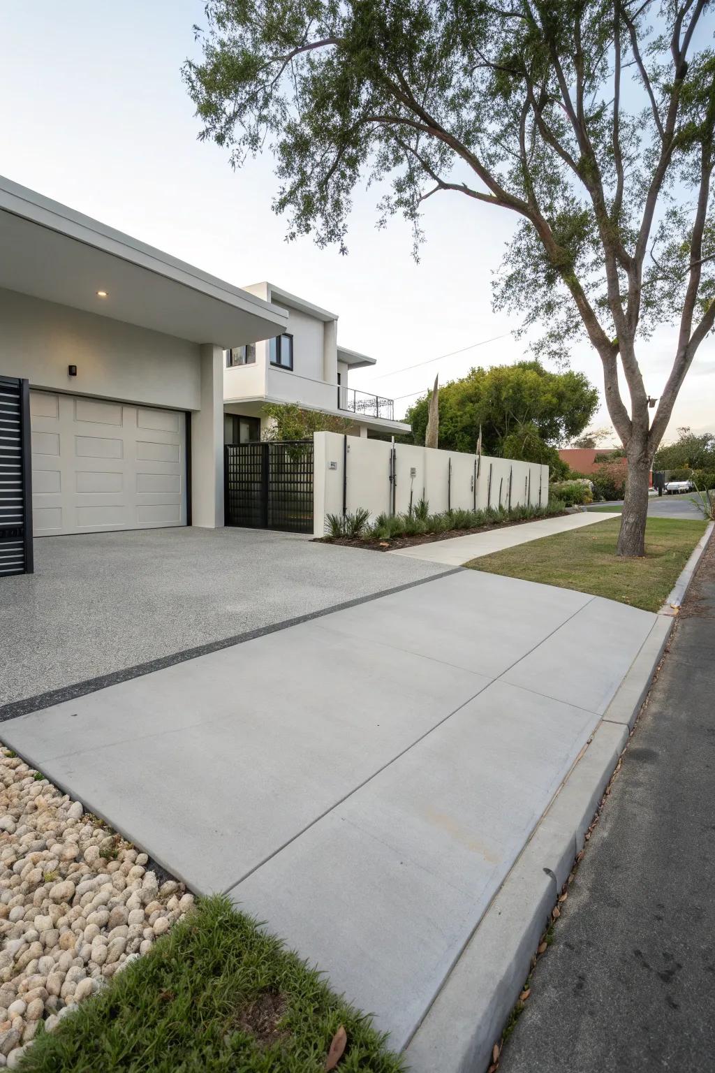 A minimalist driveway design characterized by sharp, modern lines.