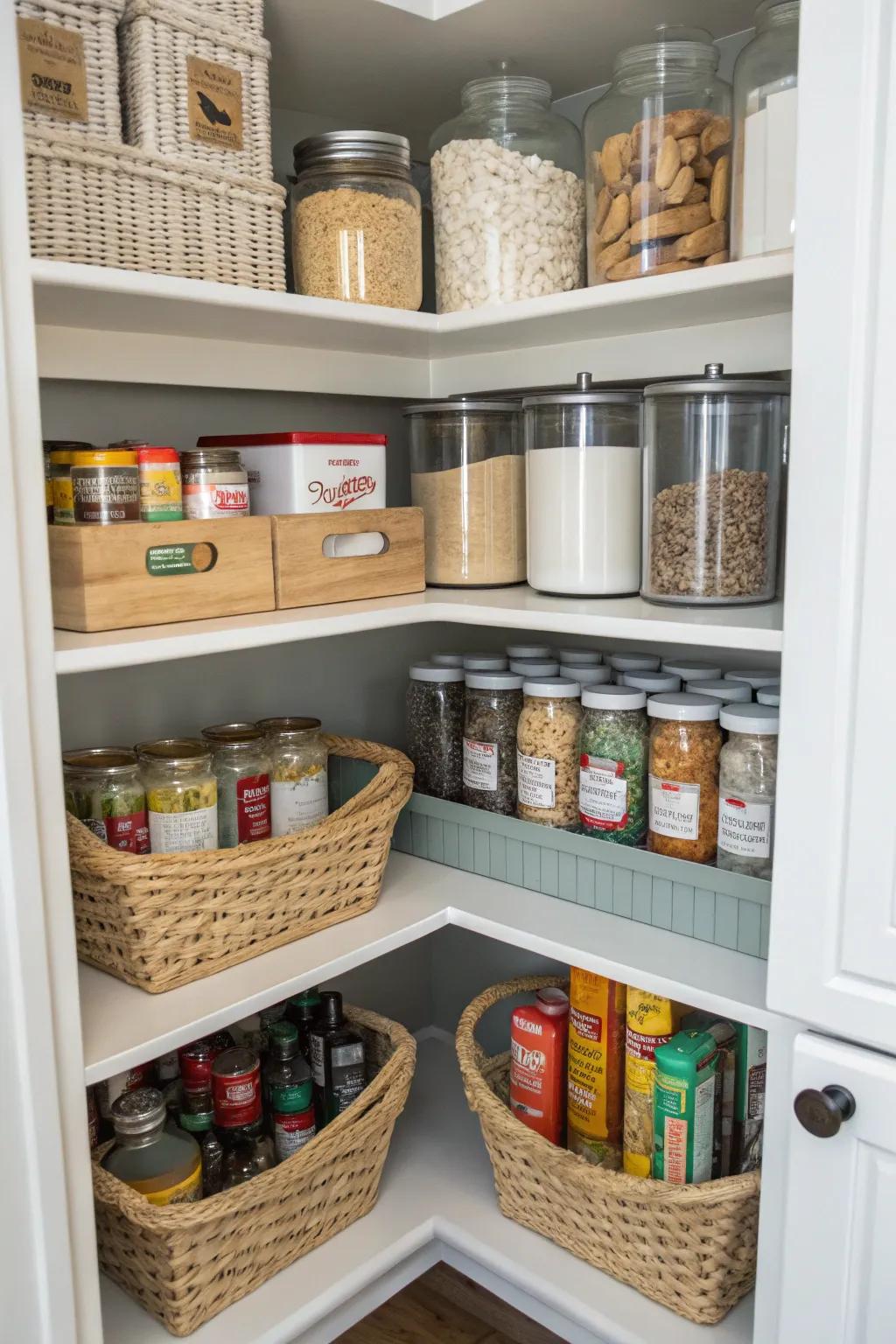 Adaptable corner pantry shelves offer versatile storage options.