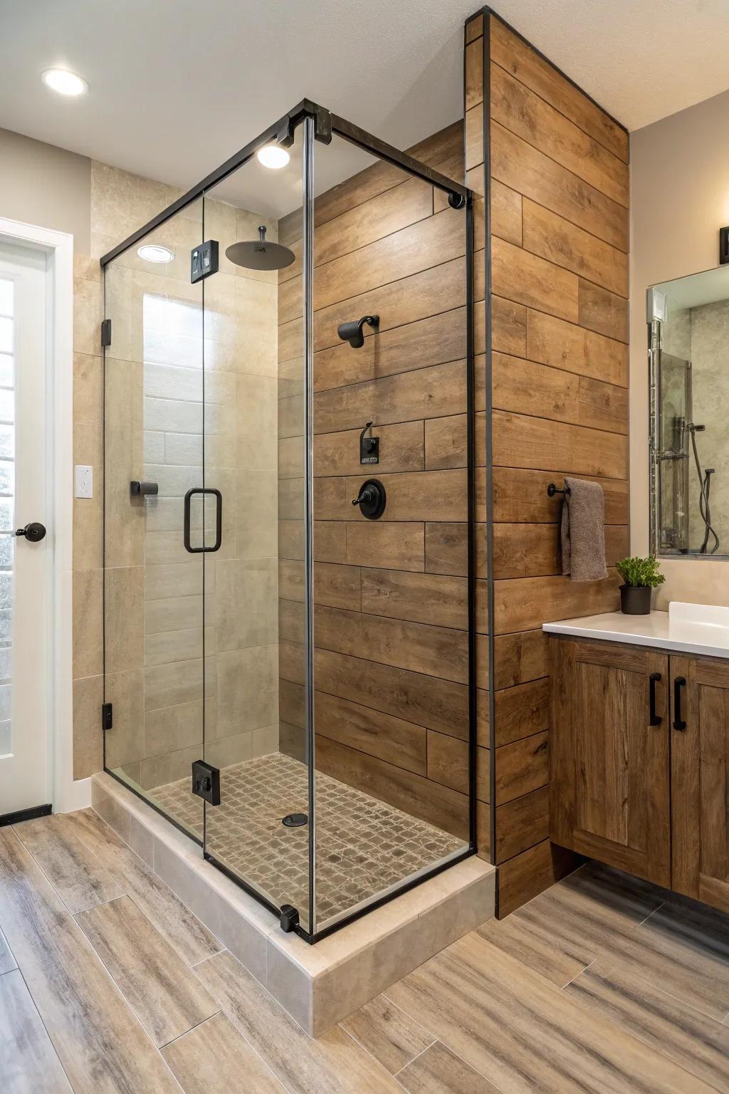 Wood-look tiles infuse warmth and coziness into your corner shower.