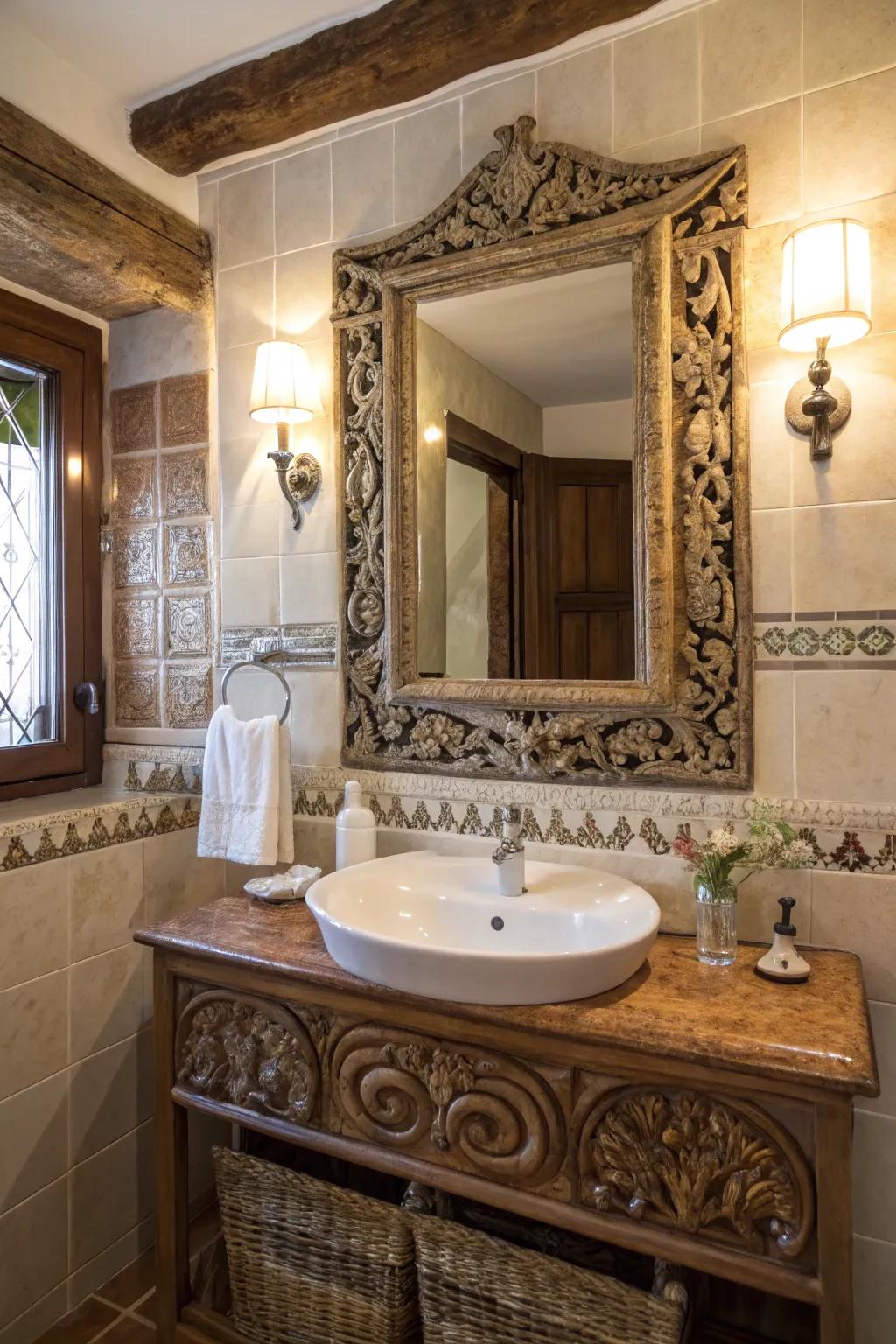 An ornate looking glass enhancing the elegance of a cottage bathroom