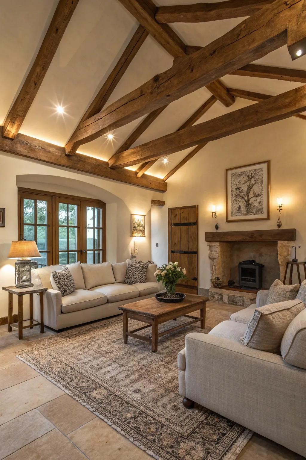 Wood beams that echo tales of history and craftsmanship.