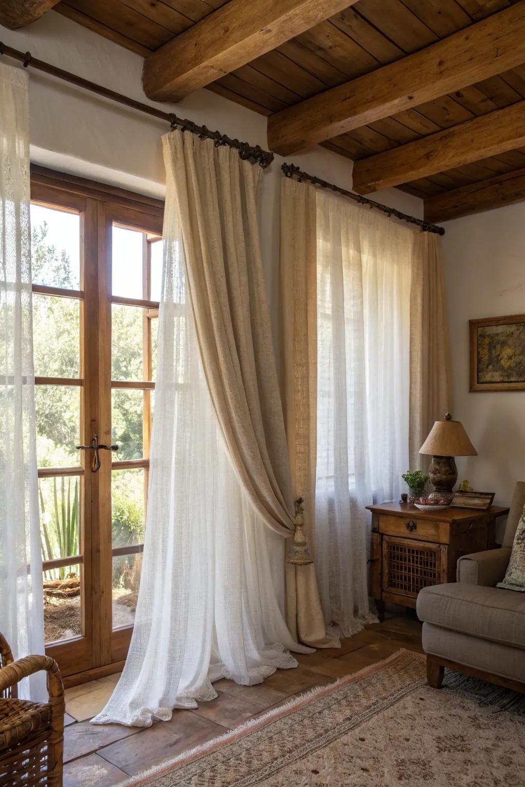 Layered curtains enrich and deepen the aesthetic of your cottage decor.