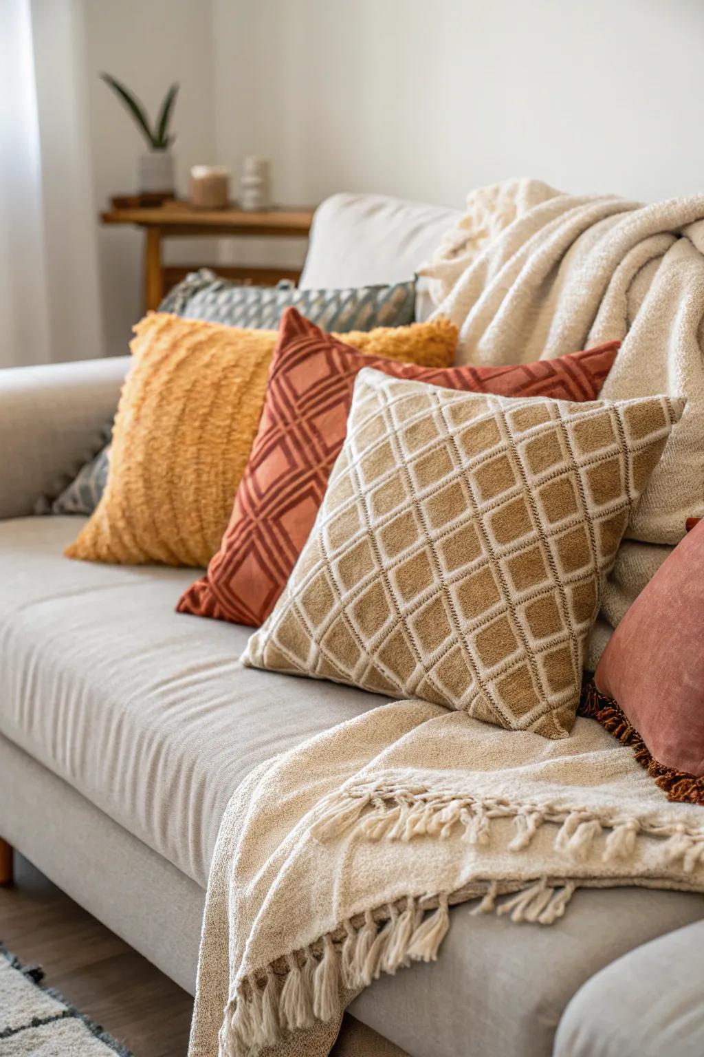 Layered accent pillows add coziness and flair to the sofa.