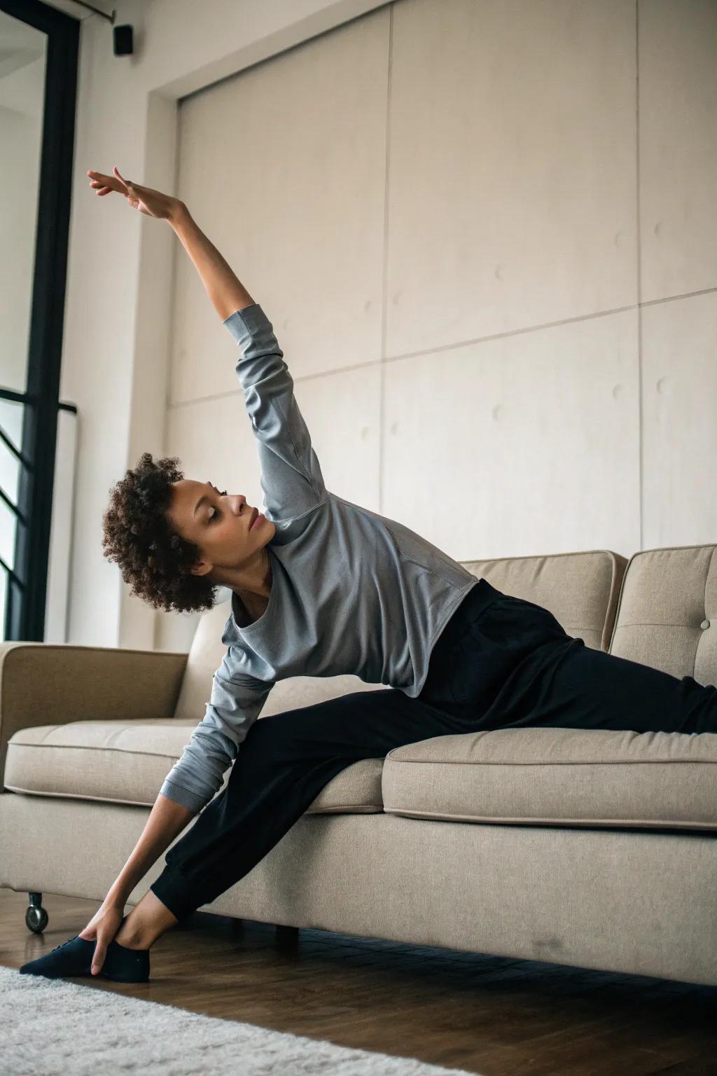 Broadwise extension adds a vibrant flair to your couch pose.