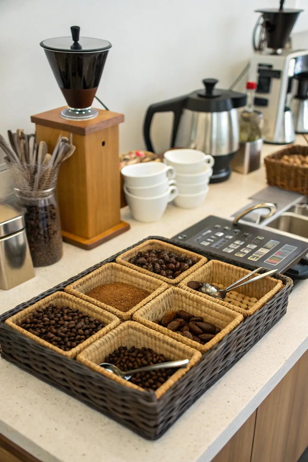 Keep your coffee essentials organized with trays and containers.