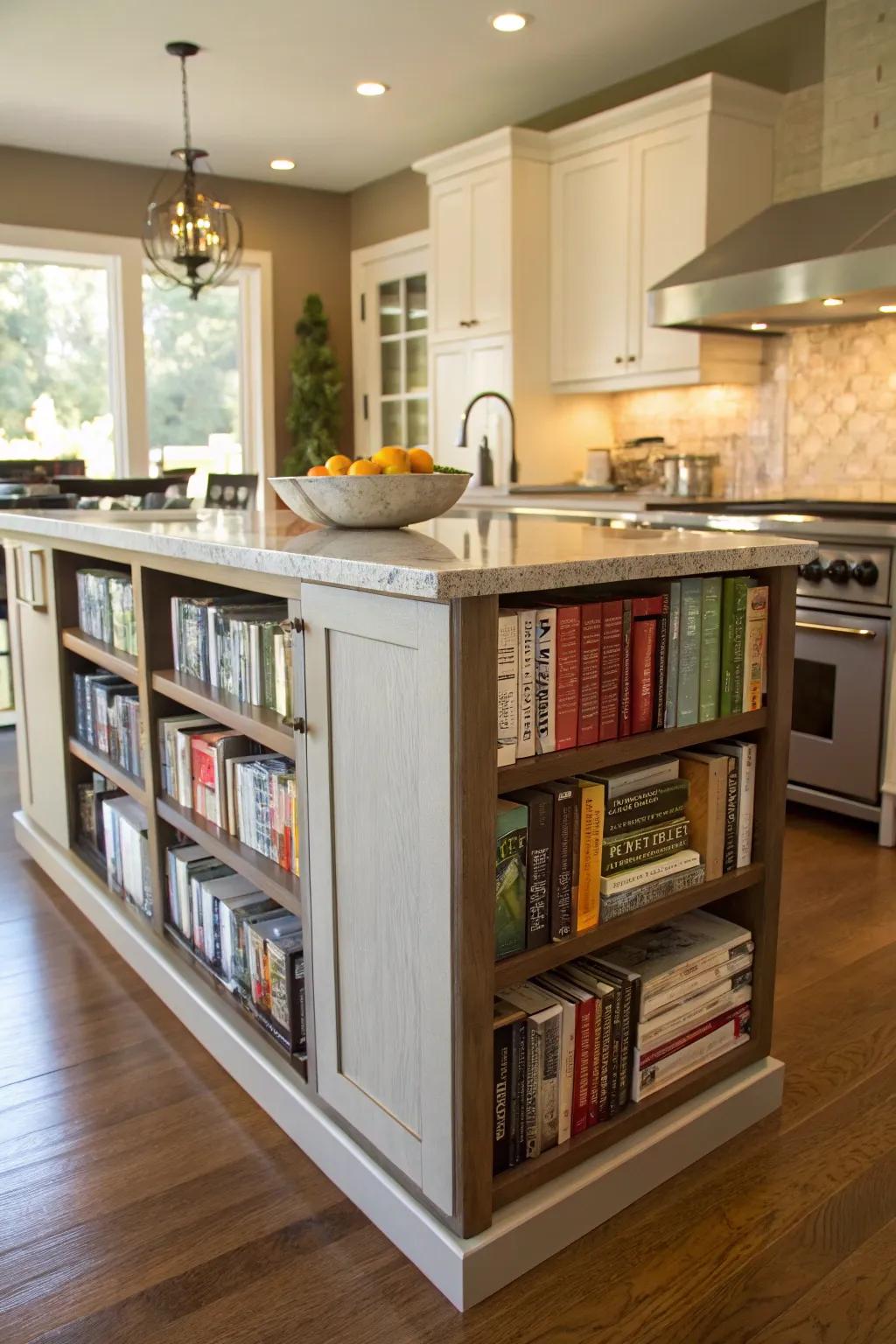 Handy shelving built into the end cap, blending storage with style.
