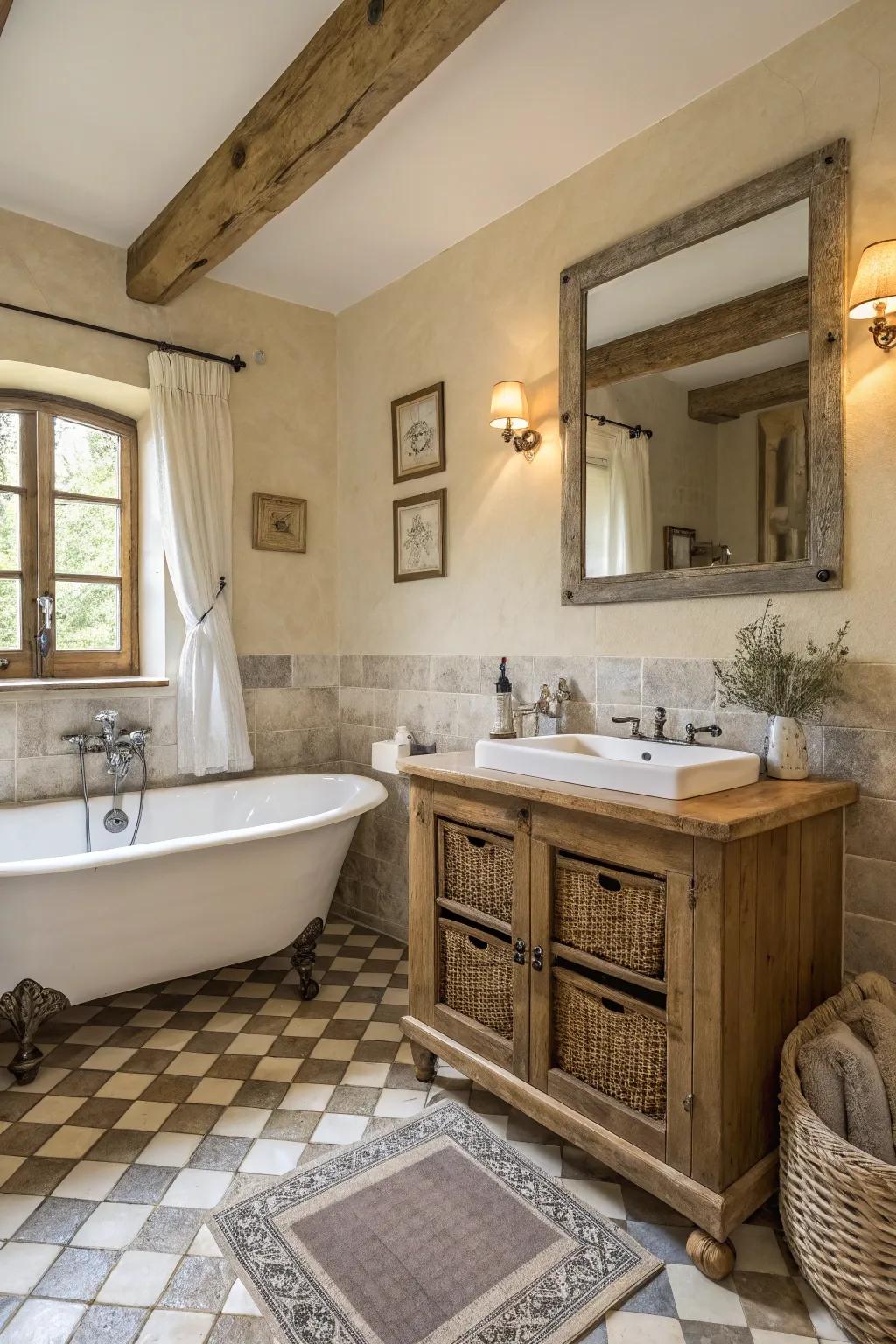 Neutral shades foster a serene atmosphere in this country bathroom.
