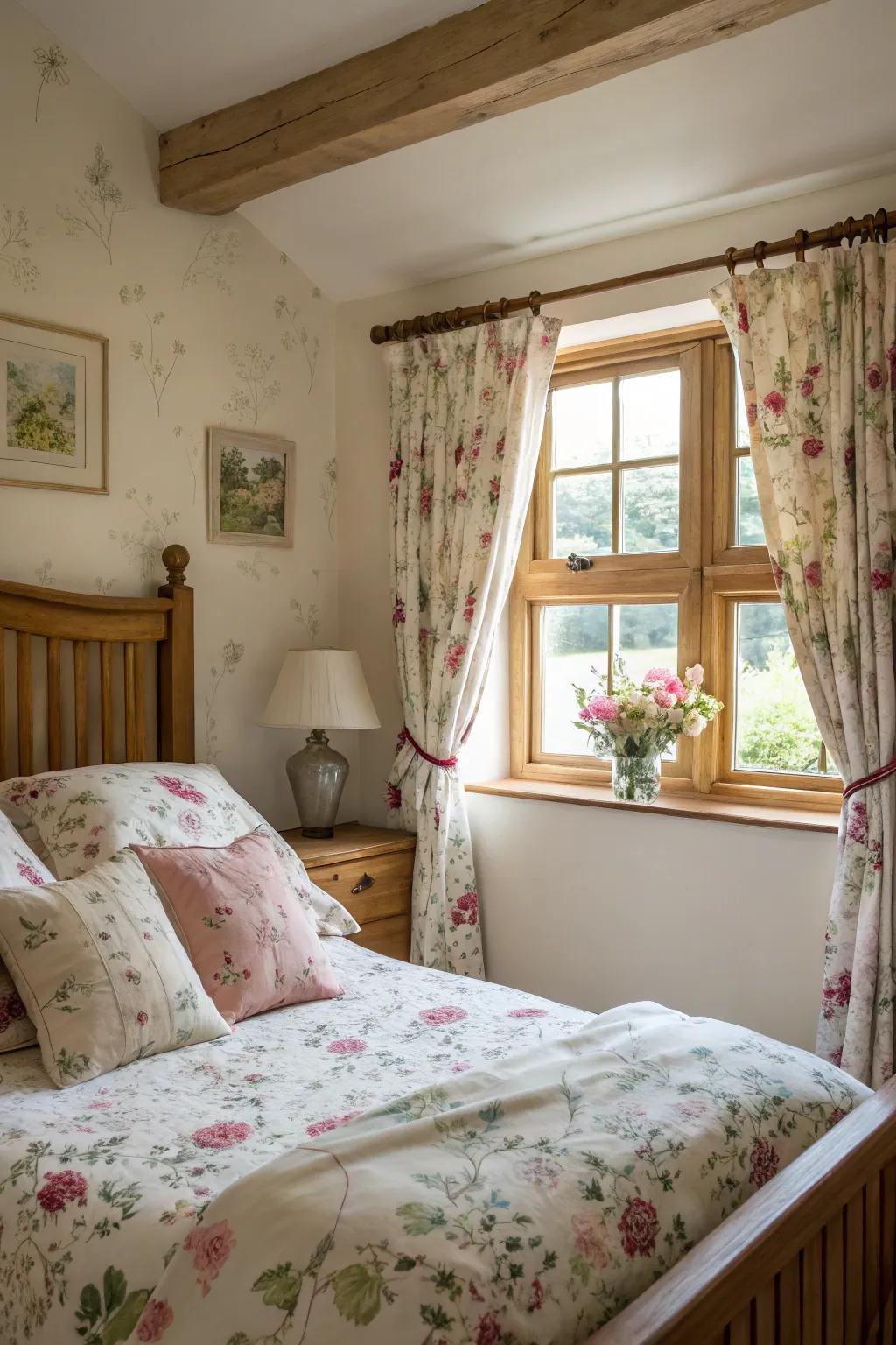 A bedroom featuring flowery fabrics adding charm and nostalgia.