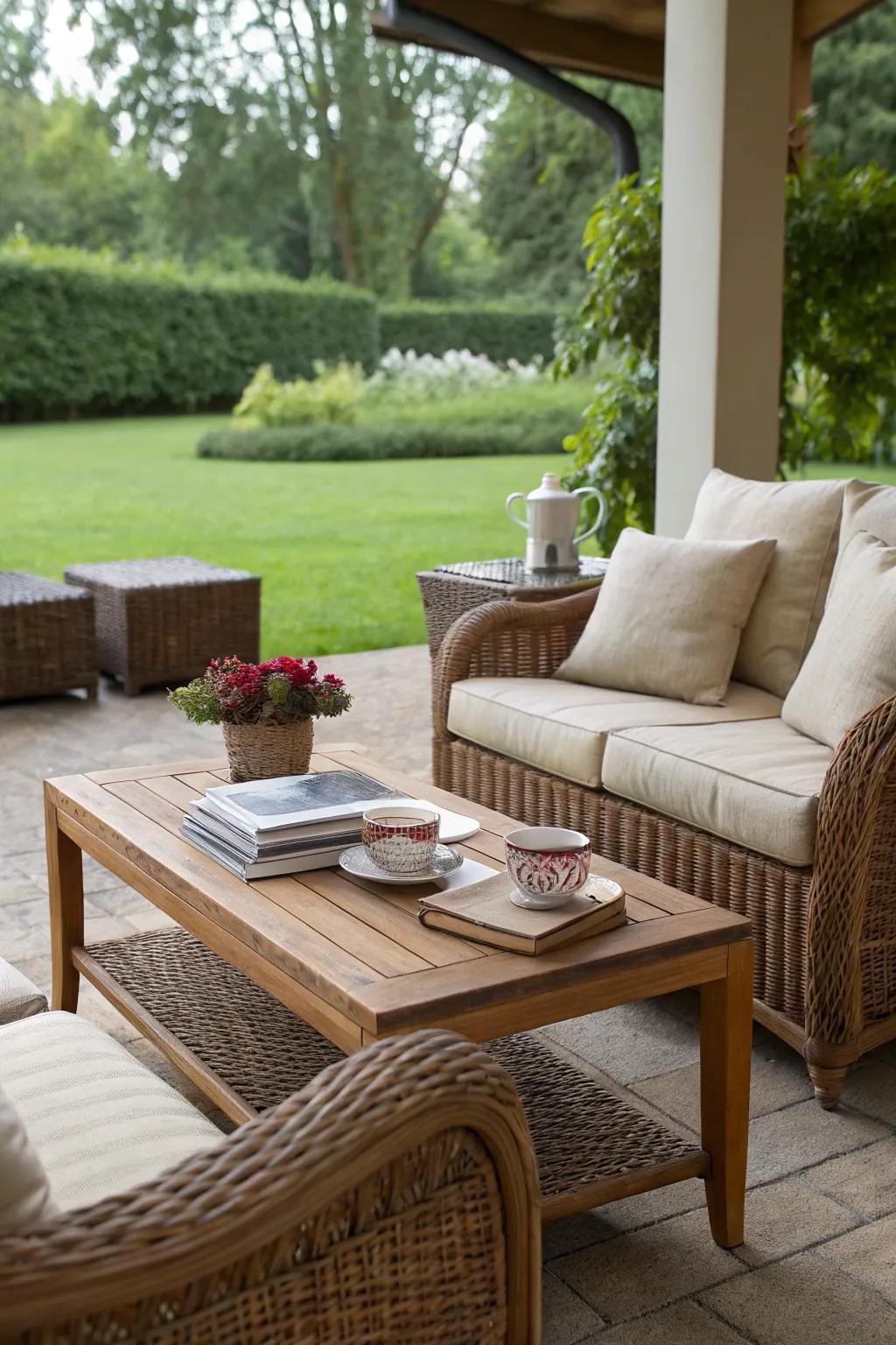 Cushioned wicker seating adds comfort and style.