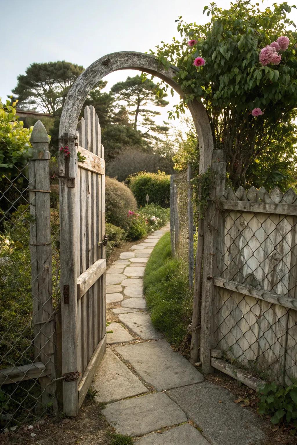 A graceful curved timber gateway enhances the charm of practical fencing.