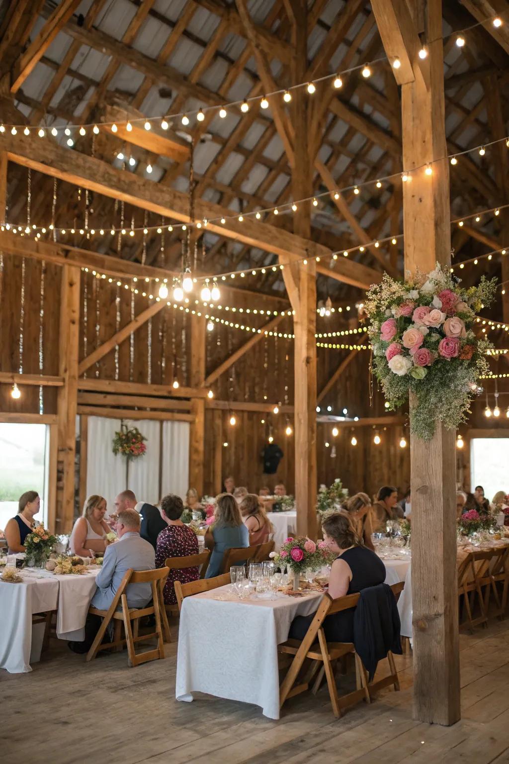 A wedding festivity hosted in an enchanting unpolished barn with exposed timber beams.