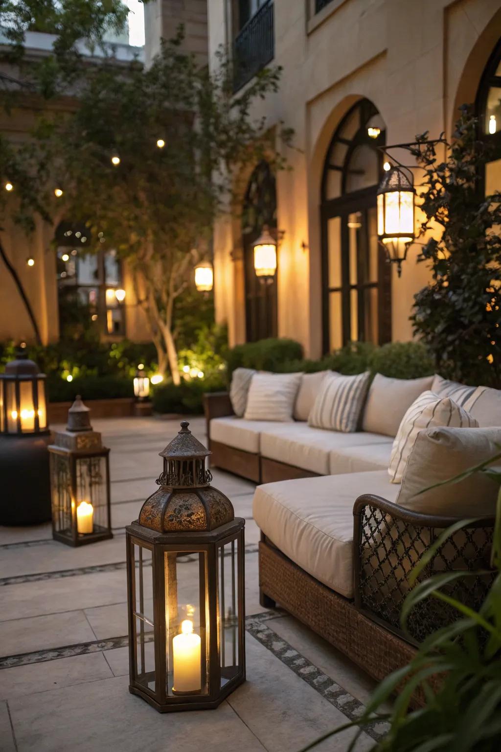 Lamps add a gentle, personal radiance to a patio sitting area.