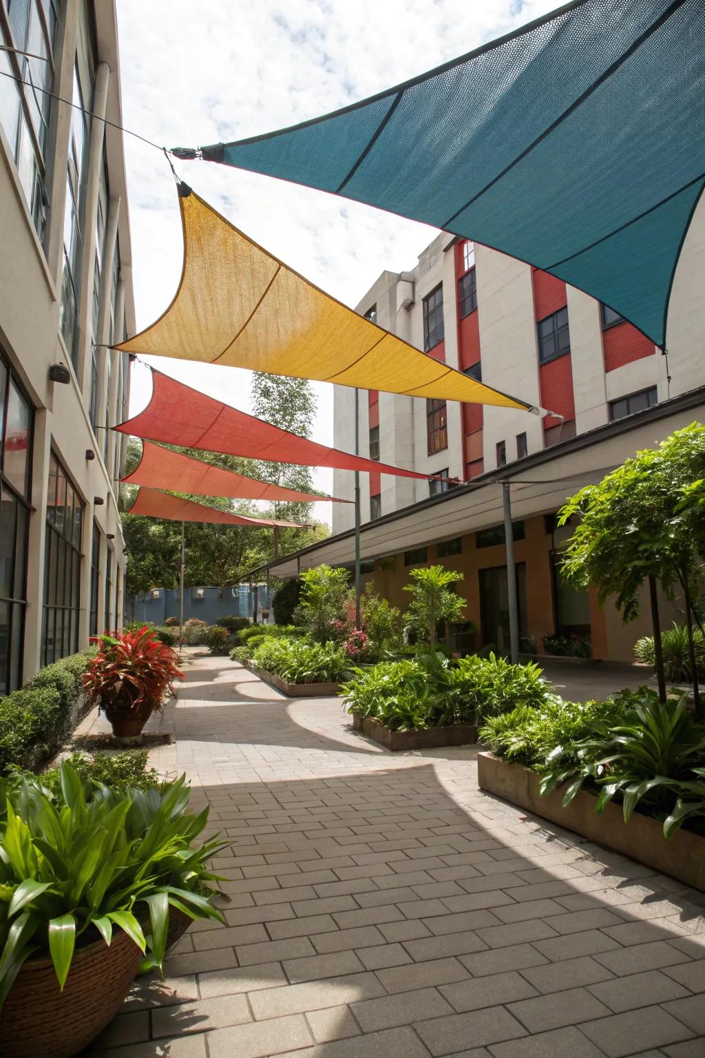 Vibrant shade sails add a contemporary flair to the courtyard.