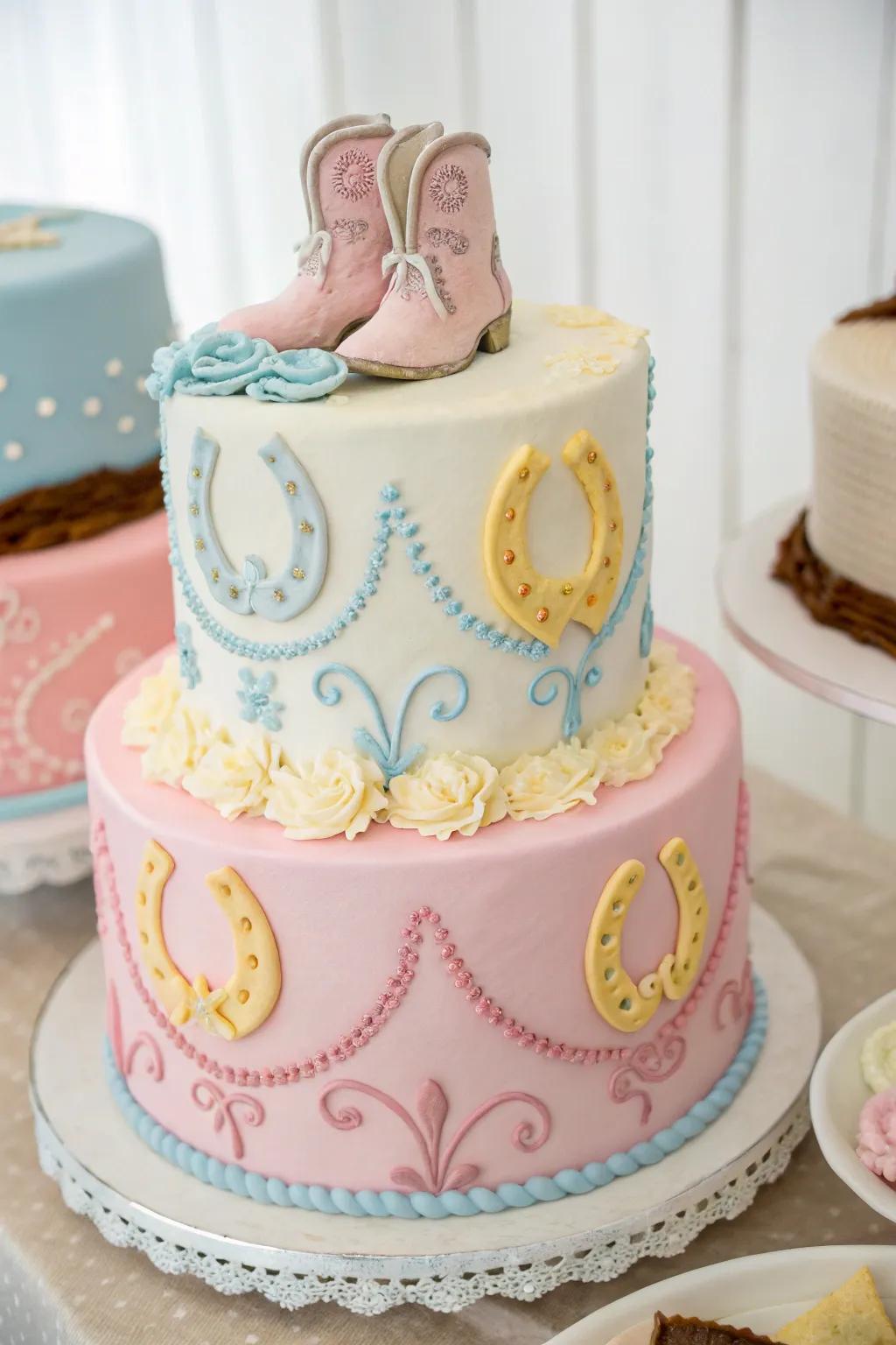 Delicate colors deliver a classy and tender touch to this cowgirl-themed cake.