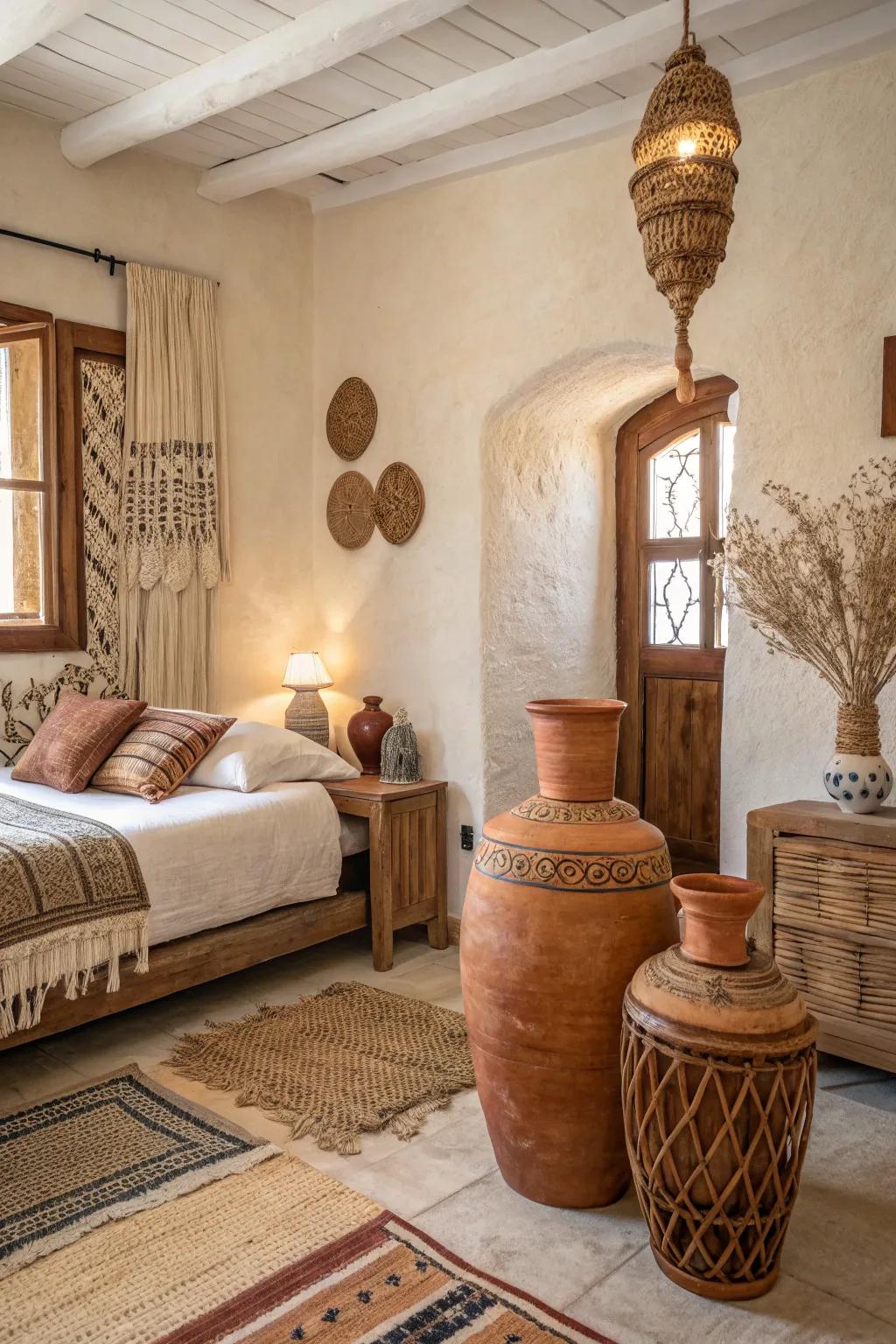 A bedroom beautified by earthy clay vases and warmly saturated decor.
