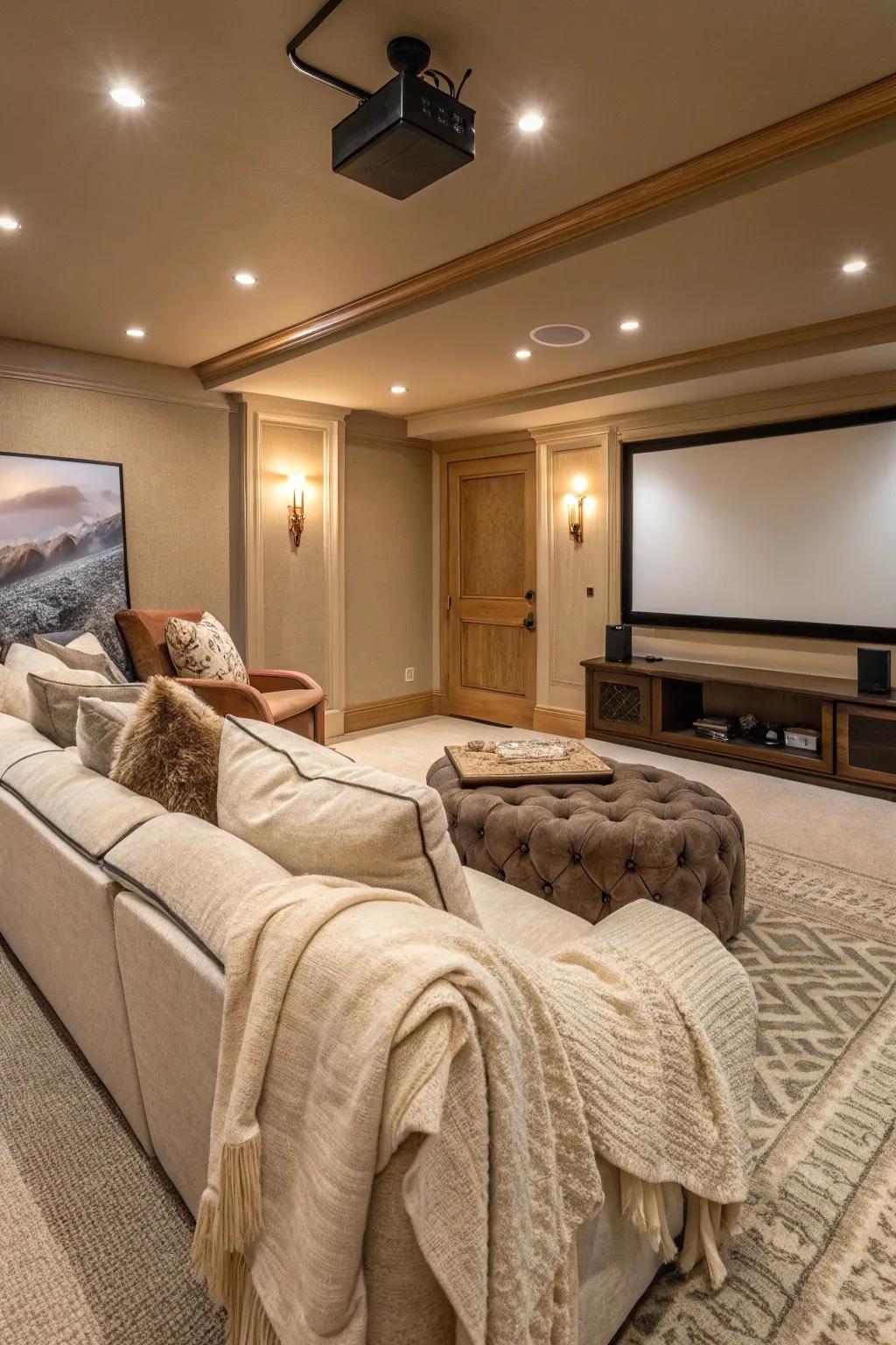 Your cinema room becomes inviting with warm colors and gentle textures.