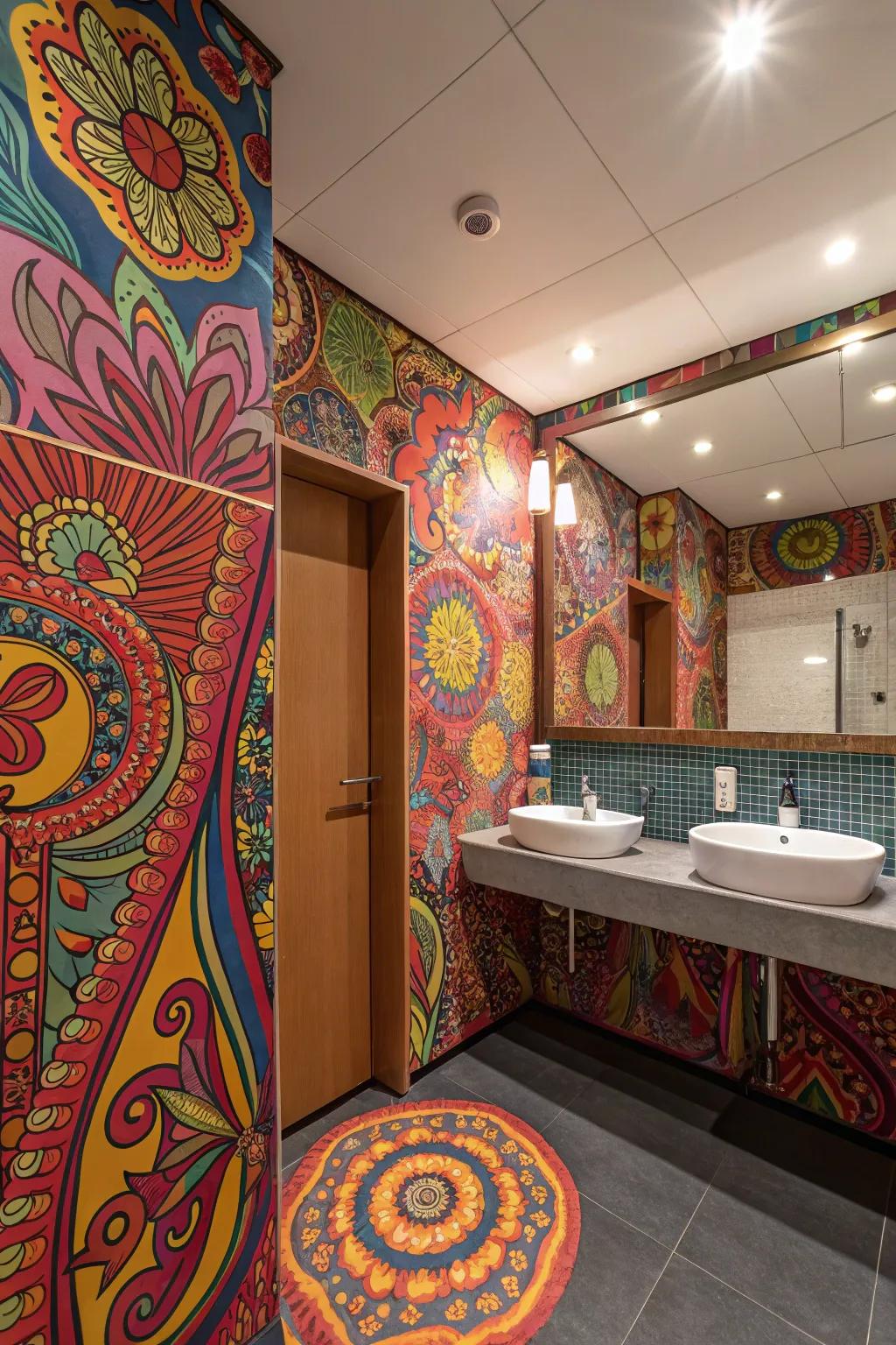 A bathroom radiating colorful psychedelic patterns.