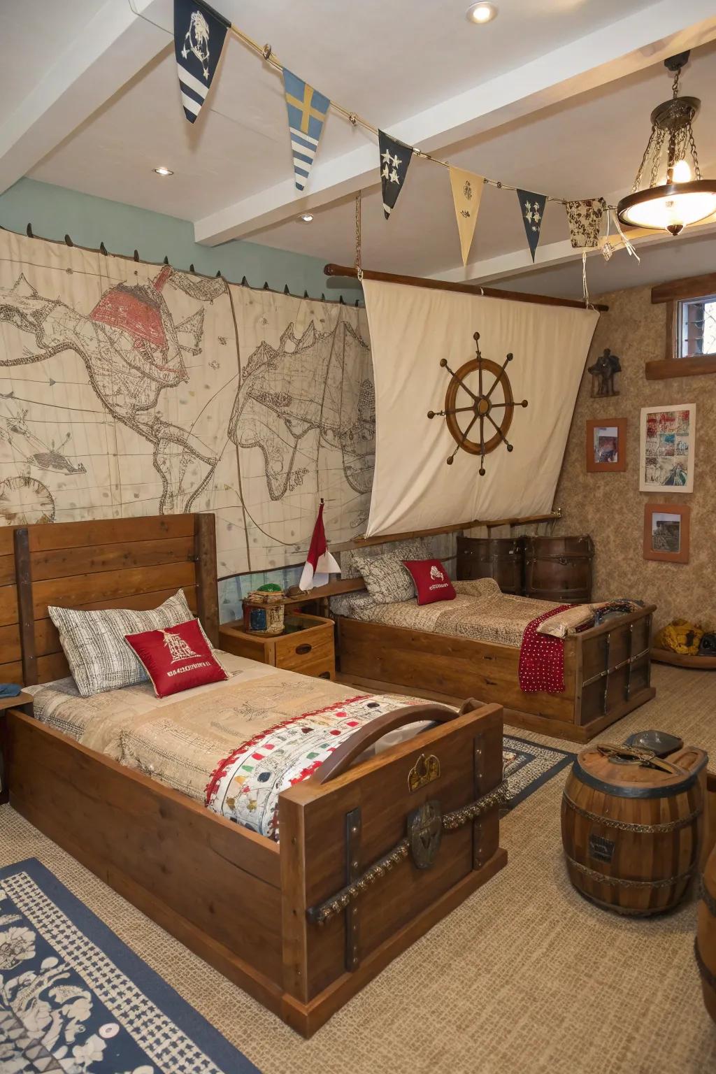 A pirate-themed bedroom featuring ship-like beds and treasure details.