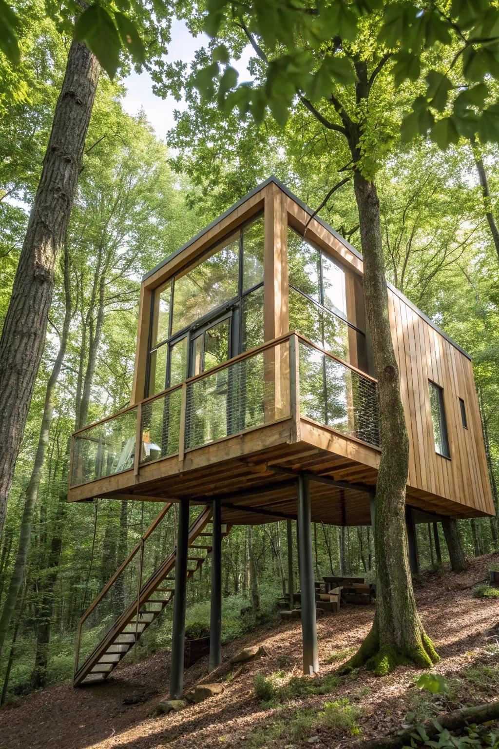 A charming treehouse design that blends sophistication with the enchantment of nature.