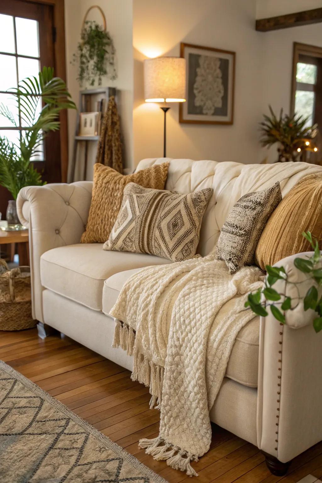 Layered textures enrich and warm up a vanilla sofa setting.