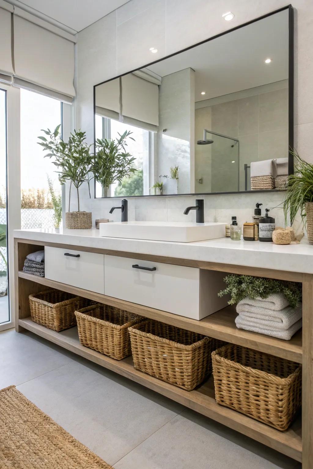 An elevated vanity combines aesthetics with functional storage.