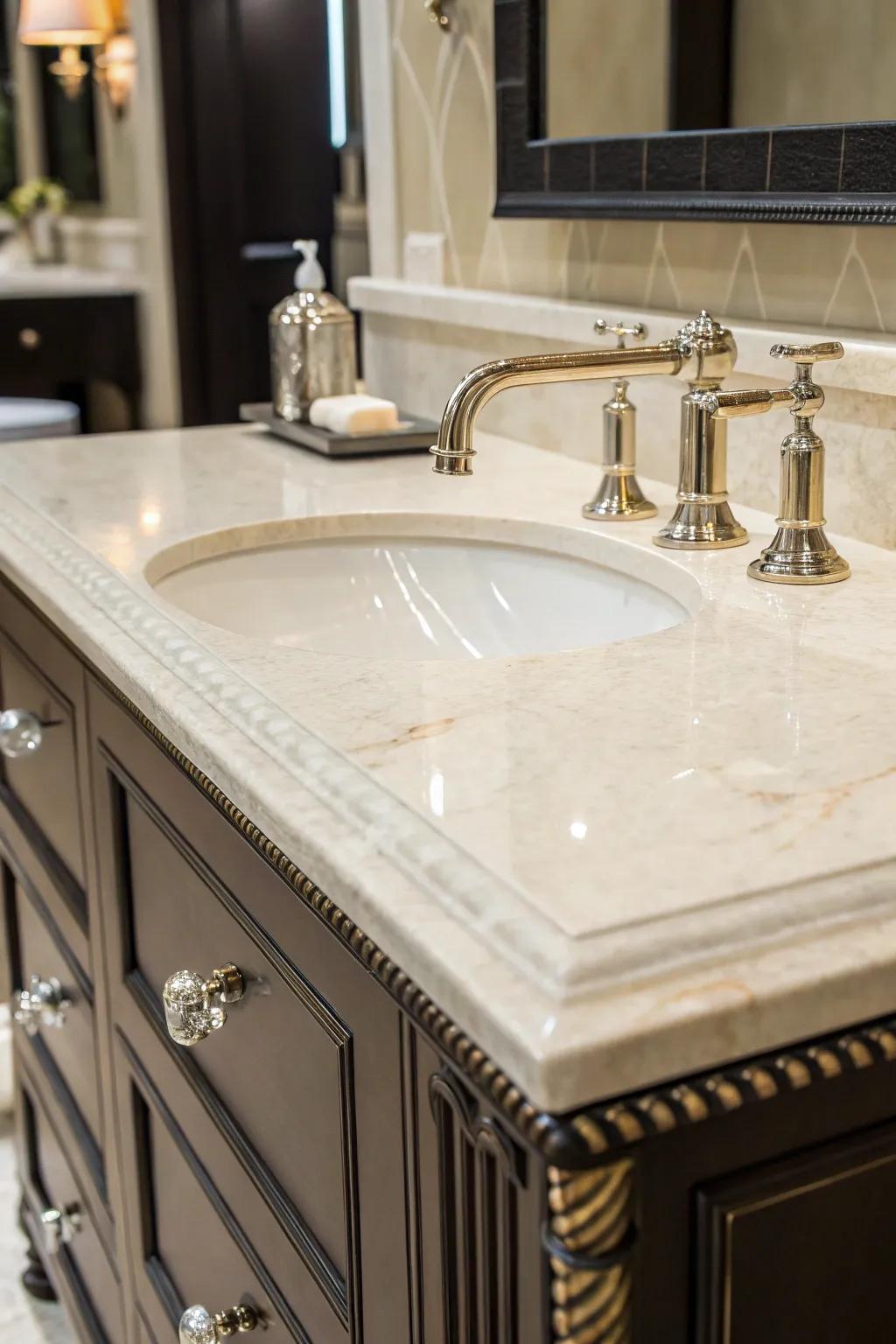 A sophisticated vanity paired with ivory dream marble.