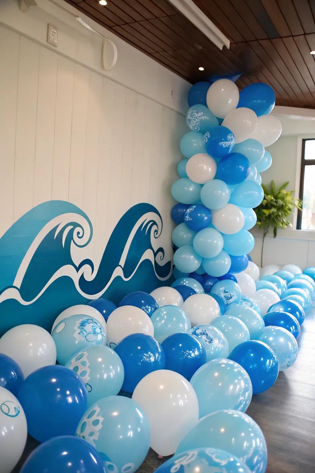 Balloons introduce a playful oceanic aspect.