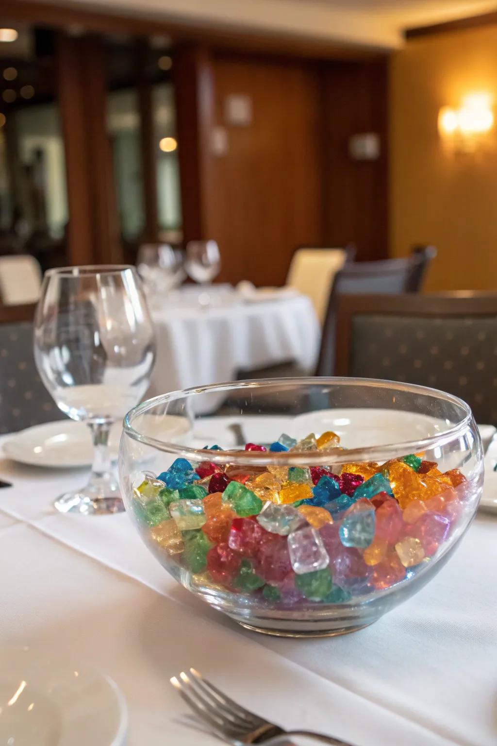 A glass bowl filled with colorful crystals for a touch of elegance.