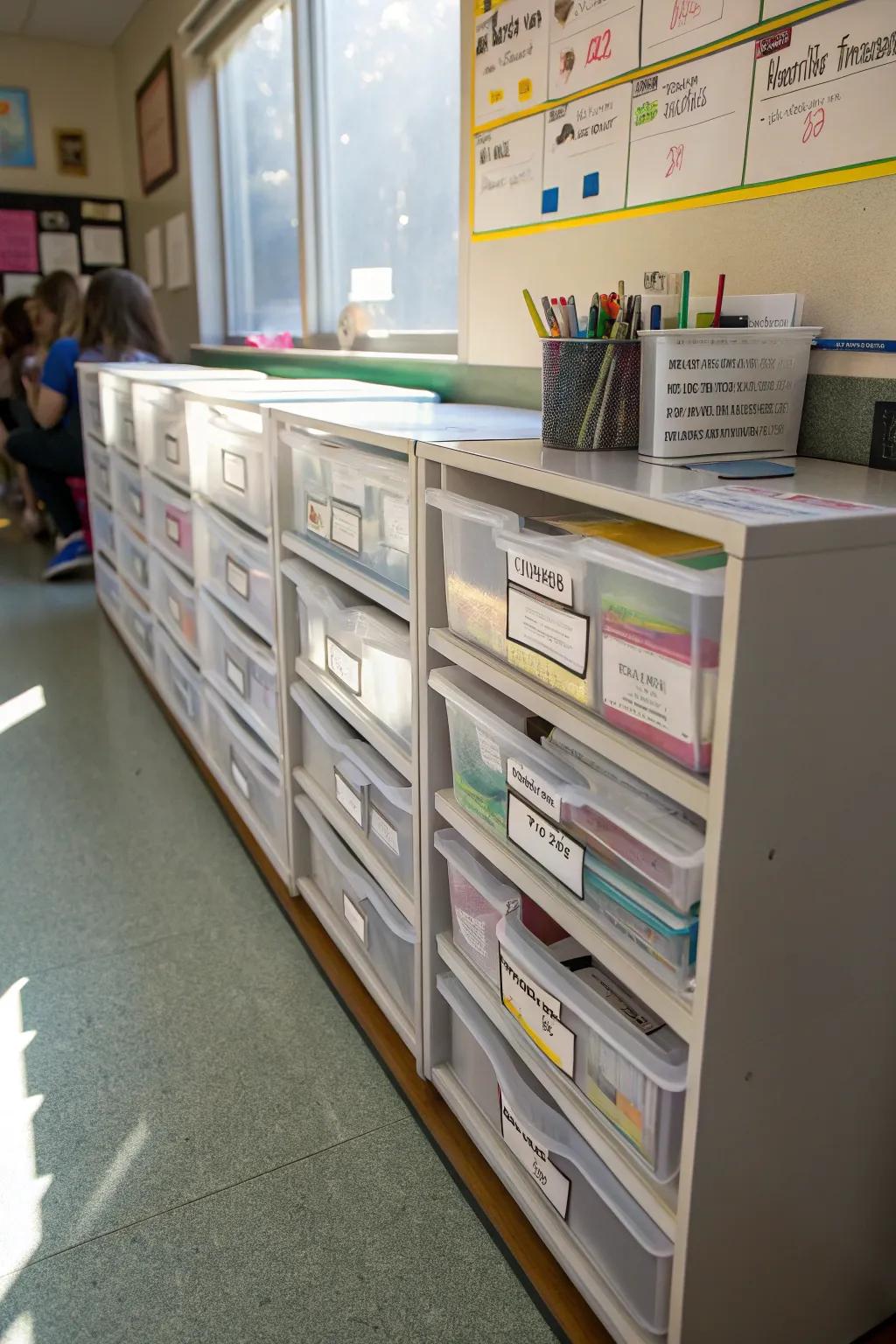 Plastic drawers establish efficient personal work zones.