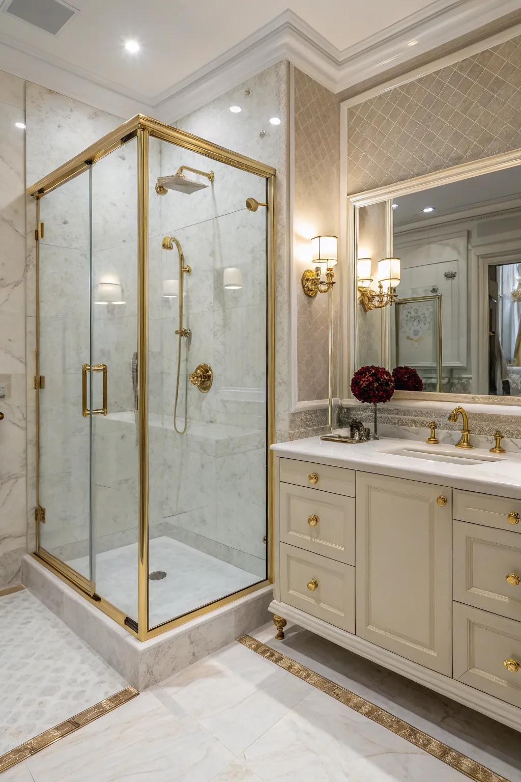 Refined fixtures contribute a hint of luxury to manufactured stone showers.