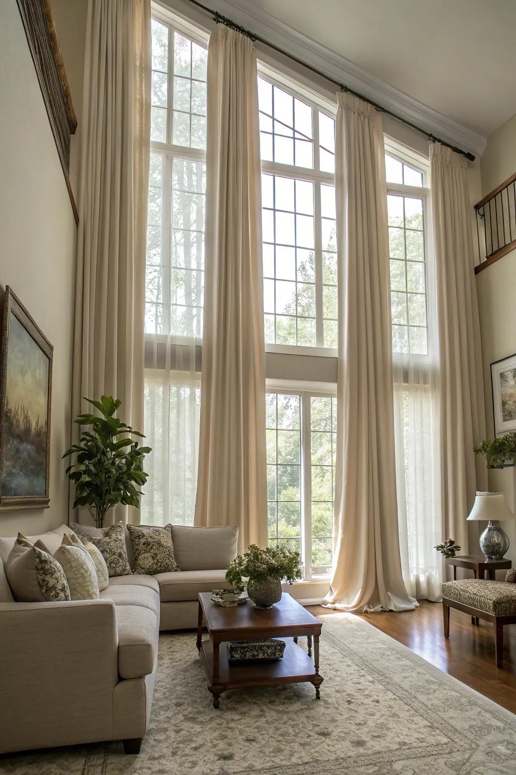 Extended curtains introduce drama and refinement.