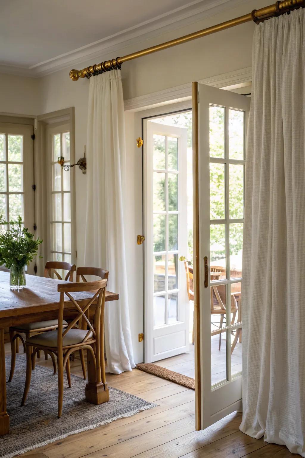 Metallic finishes elevate curtain hardware.