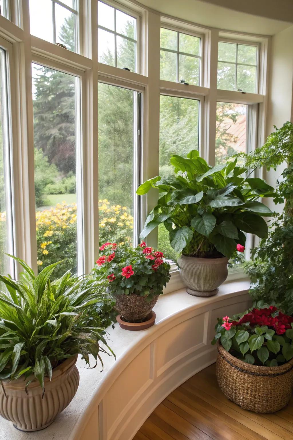 A lush indoor plant display in a curved bay window.