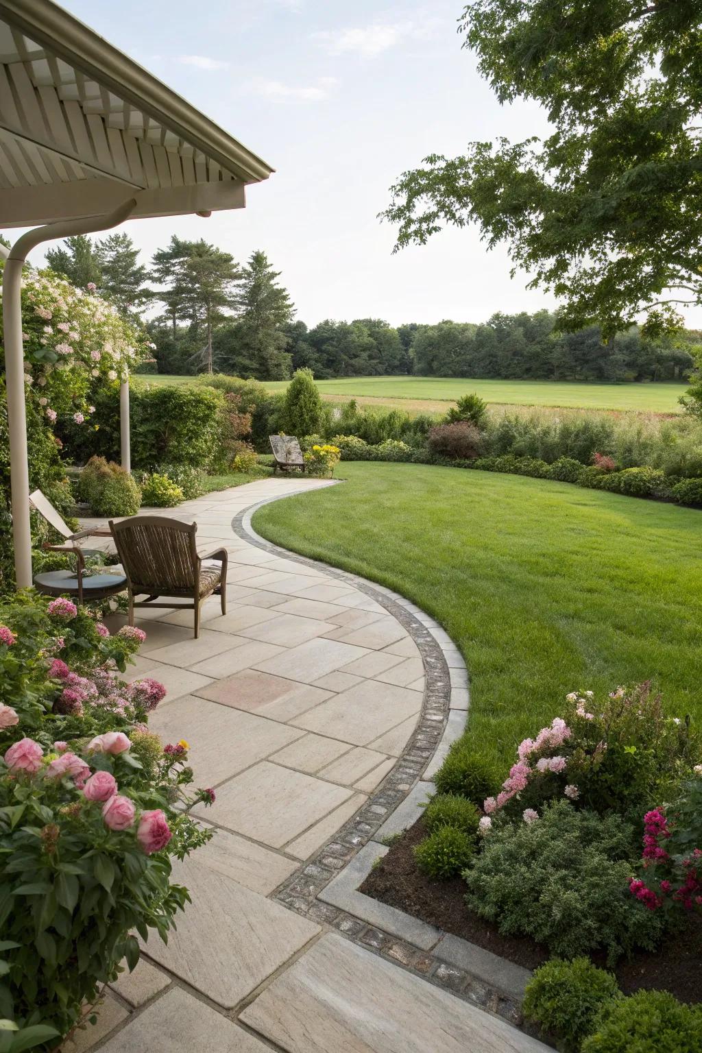 A patio layout that easily moves into the verdant green lawn.