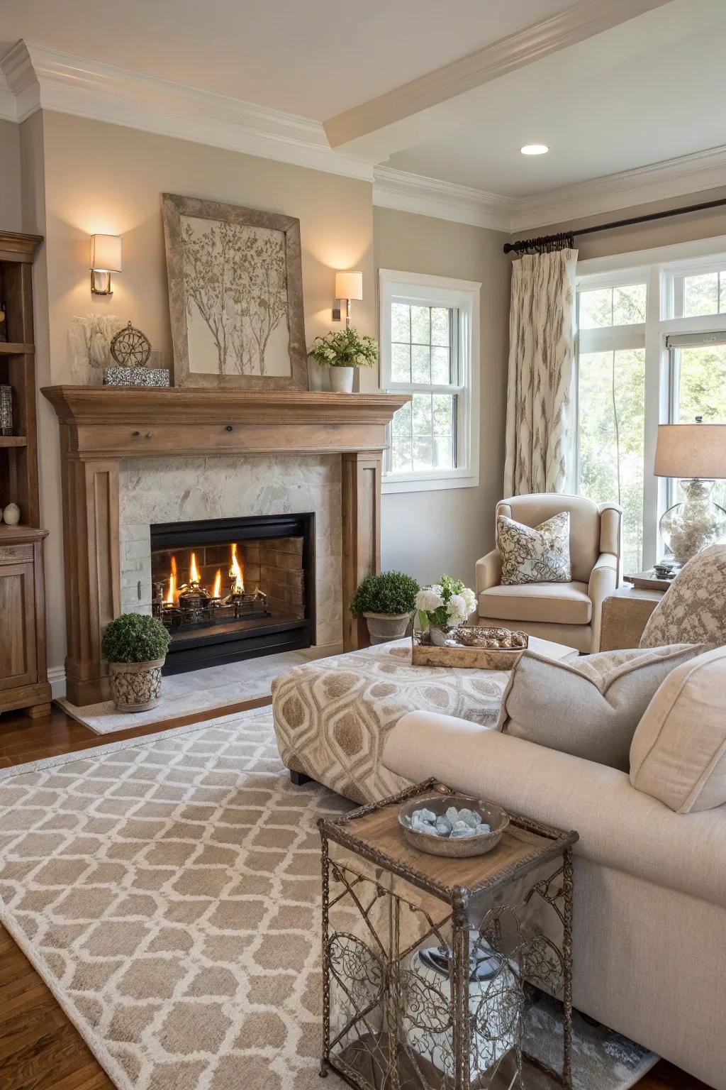 A fireplace in neutral colors that integrates seamlessly with its surroundings.