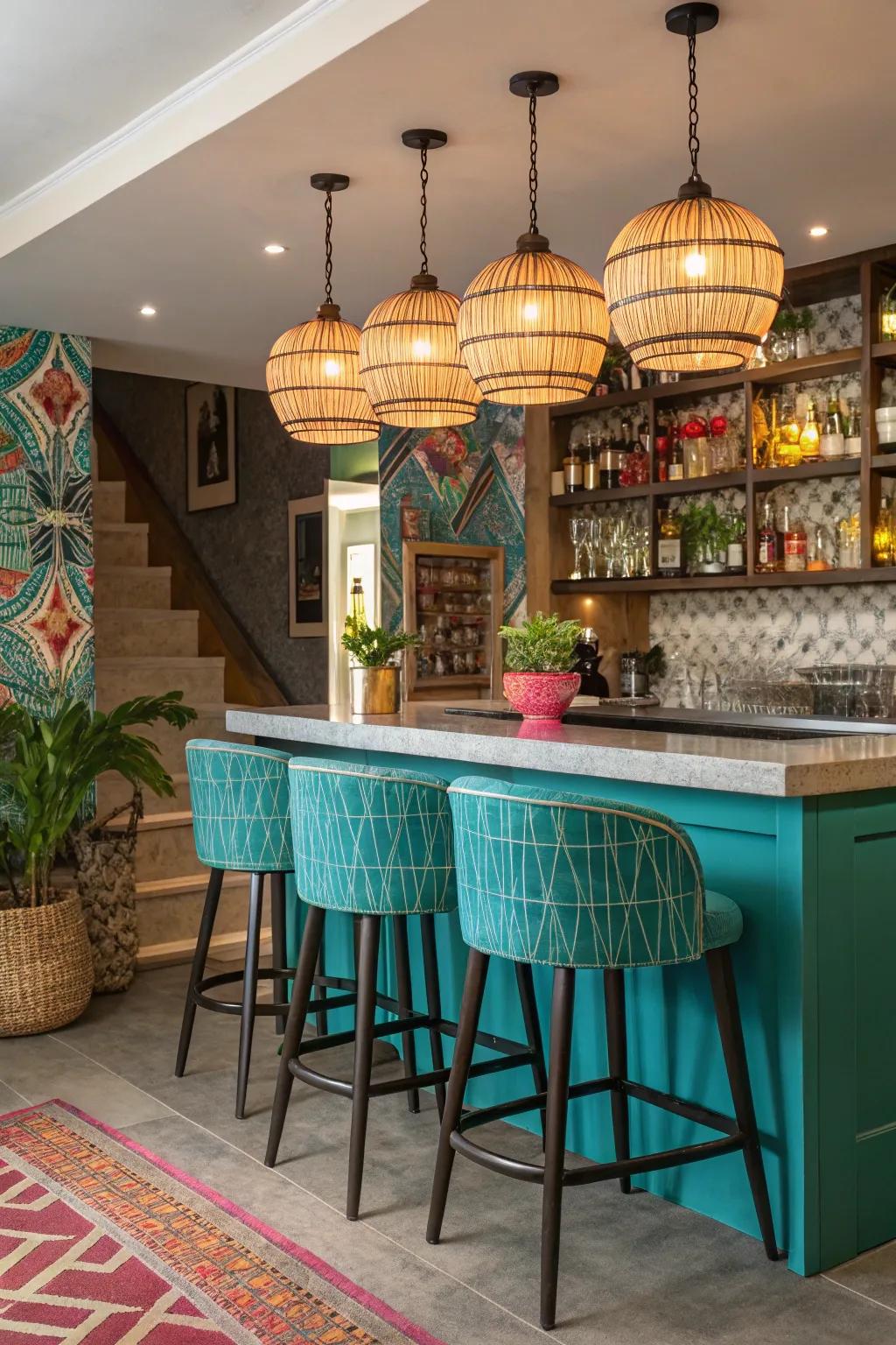 An eclectic home bar featuring daring color splashes and unique lighting solutions.