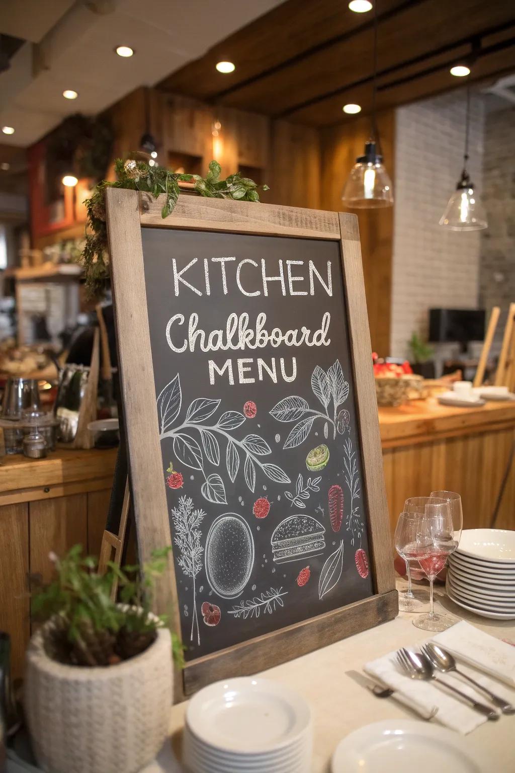 A creative chalkboard menu in the kitchen, showcasing the week's meals with artistic flair.
