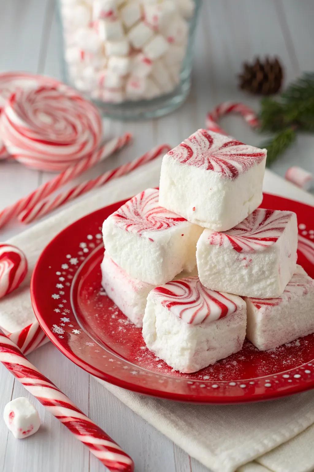 Festive striped sweets marshmallows, ideal for enriching hot cocoa or enjoying as a treat.