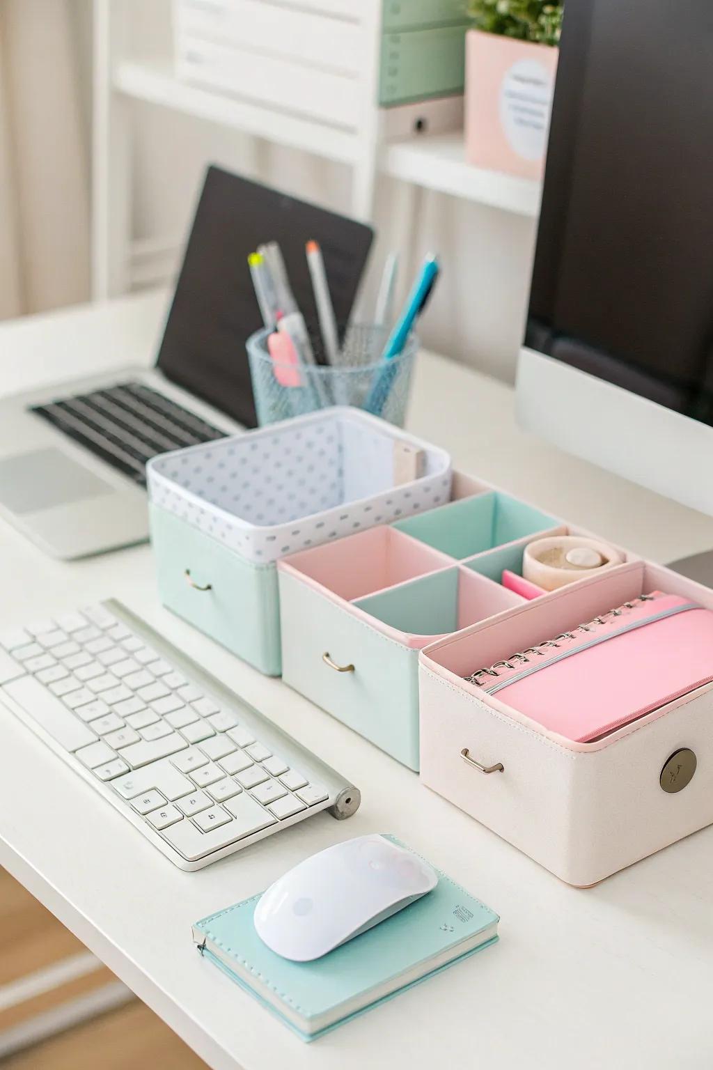 Stylish organizers maintain a neat and elegant PC setup.