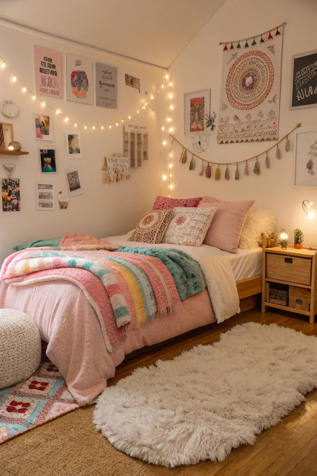 An inviting teen room featuring soft fabrics for relaxation.