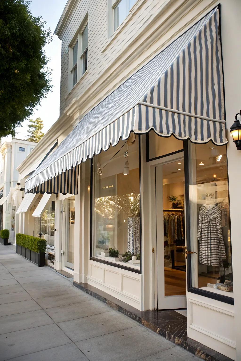 A shopfront showcasing a stylish striped awning that combines elegance with practicality.
