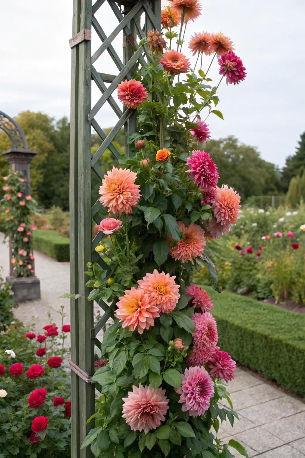 Sunburst blossoms achieving new heights on a garden trellis.