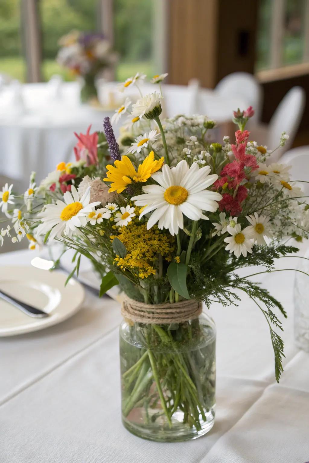 Enhance your tables with these stunning daisy centerpieces.