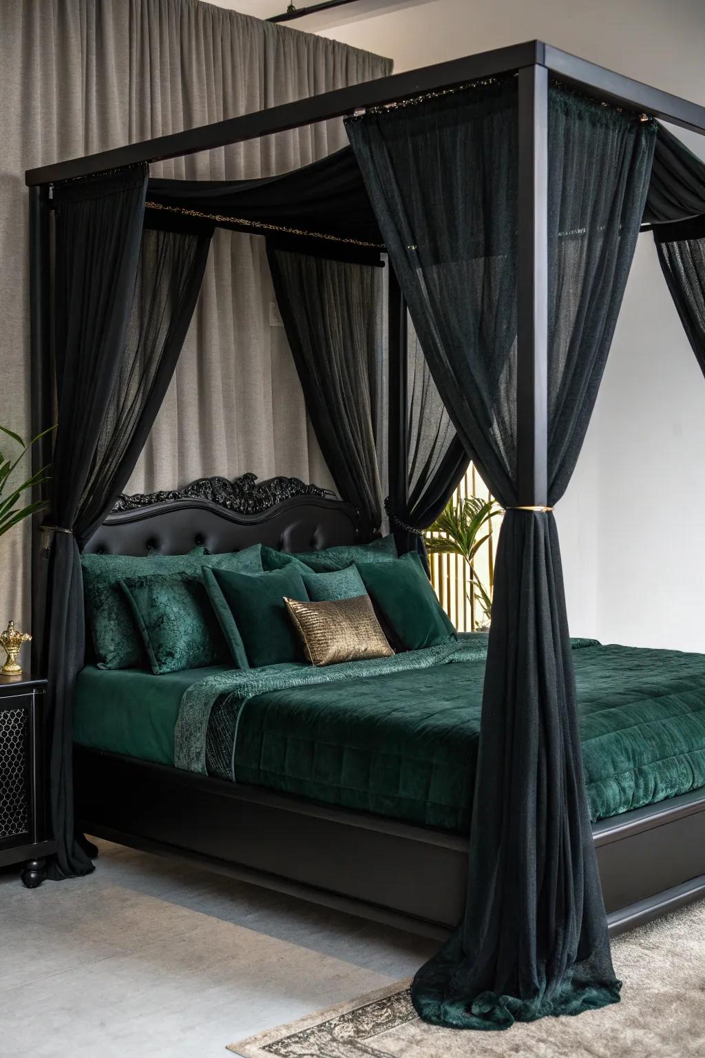 A charcoal canopy framework adorned with rich green bedding.