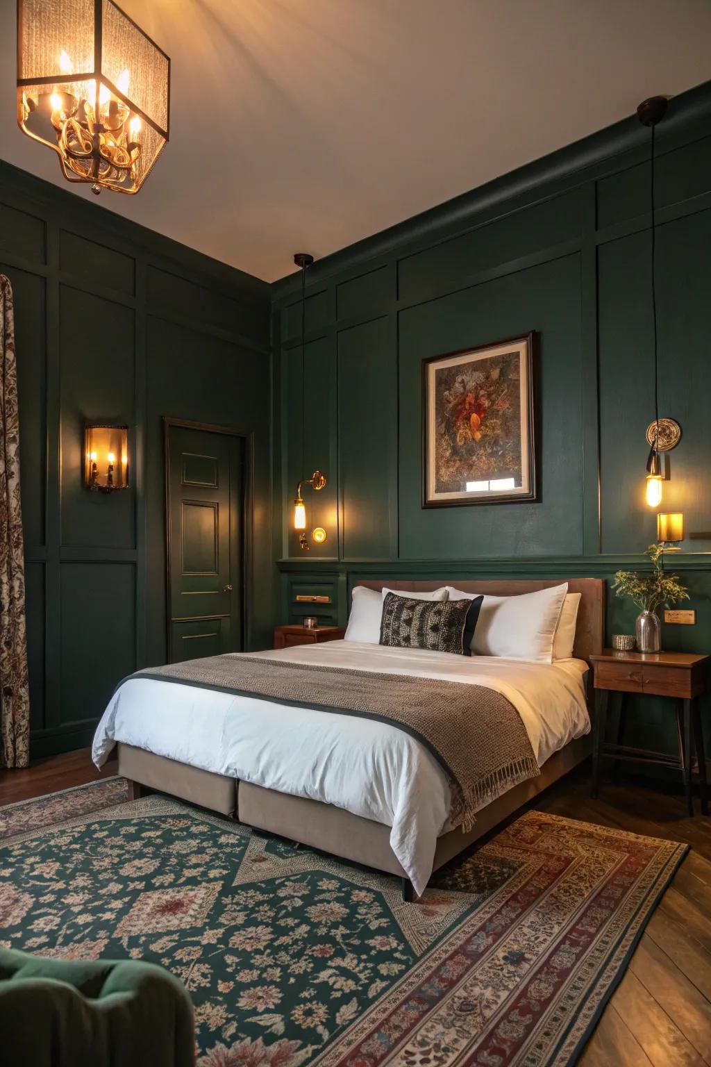 A bedroom with shadowy jade walls illuminated by soft lighting fixtures.