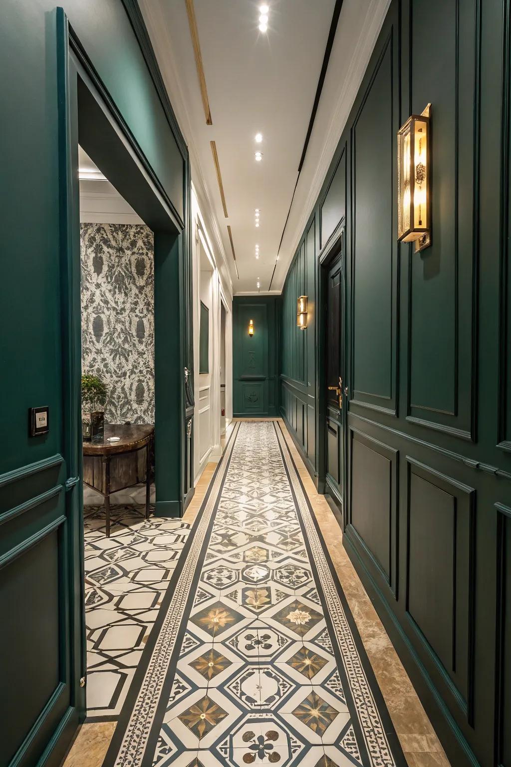 Geometric tiling introduces patterns to this verdant hallway.