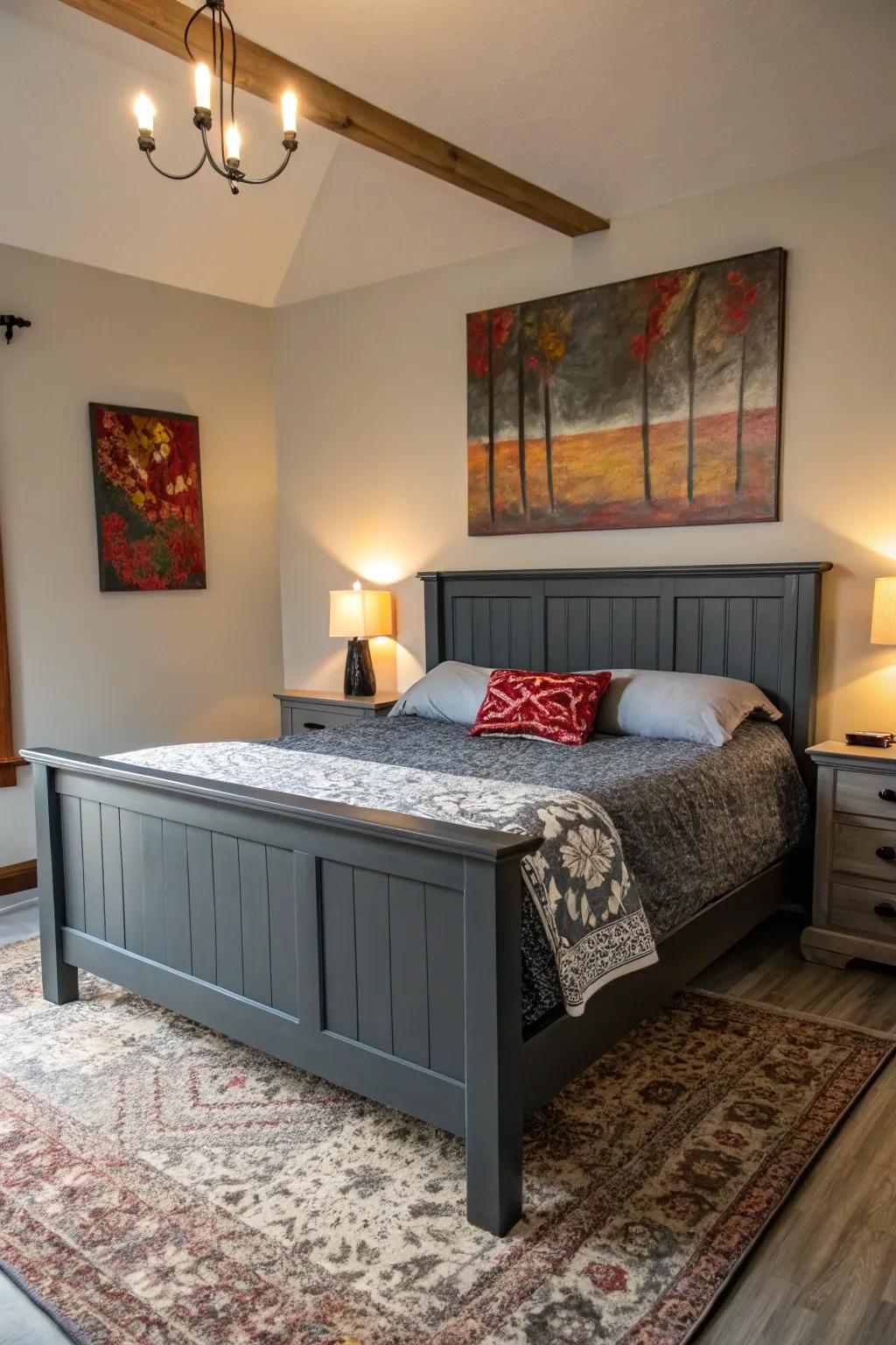 A boudoir displaying a deep charcoal bedstead improved by striking artistry.