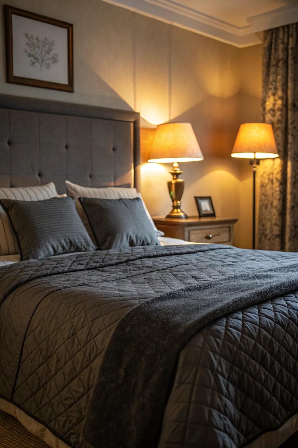 Soft lighting enhances the inviting nature of dark grey bedding.