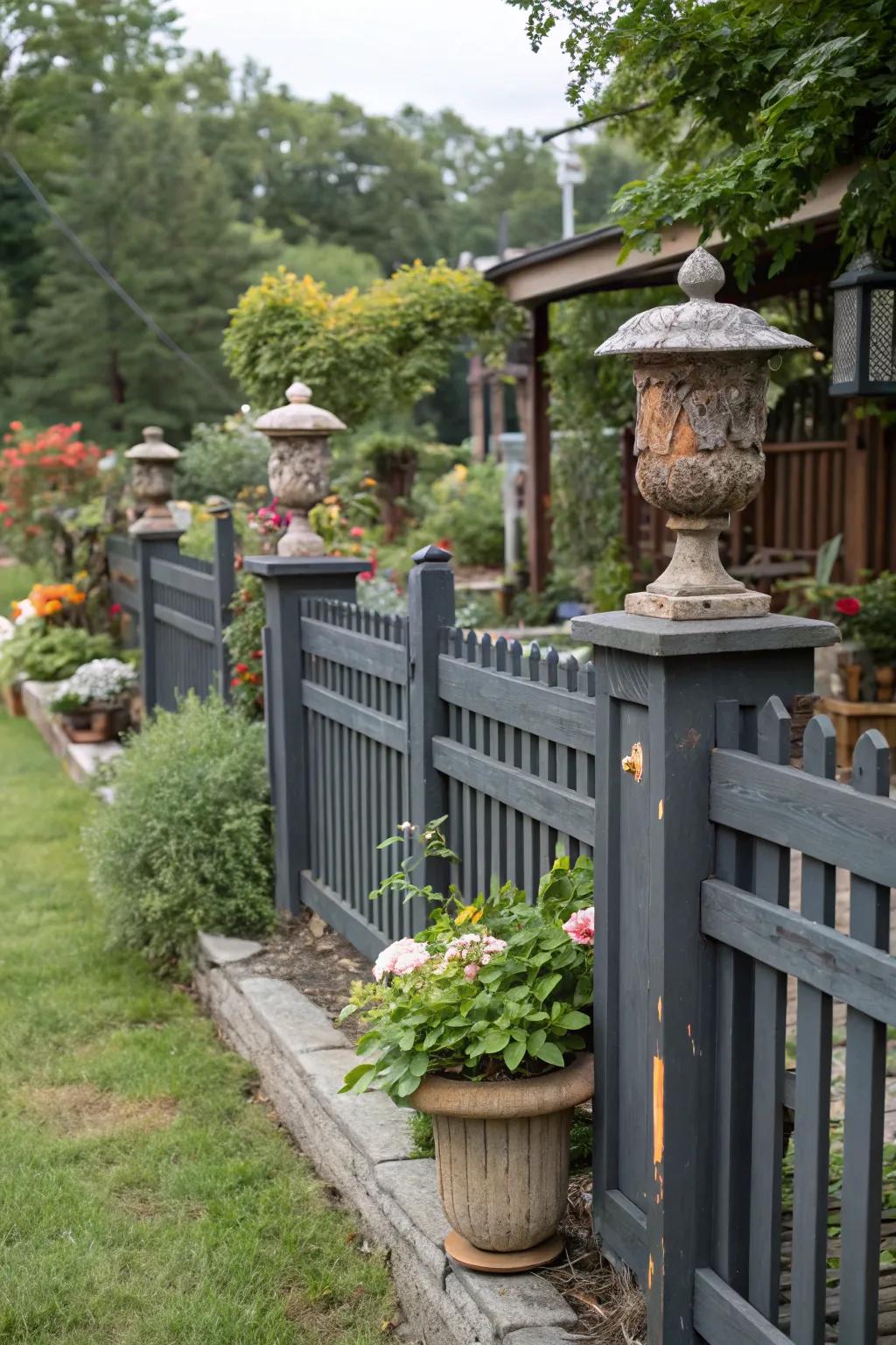 A deep charcoal fence matched with rustic wood accents and vintage garden decorations.