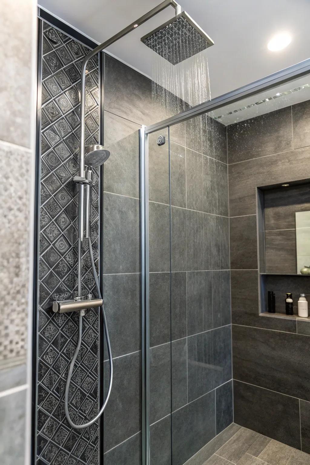 A blend of pane designs adds dimension and appeal in this shower area.